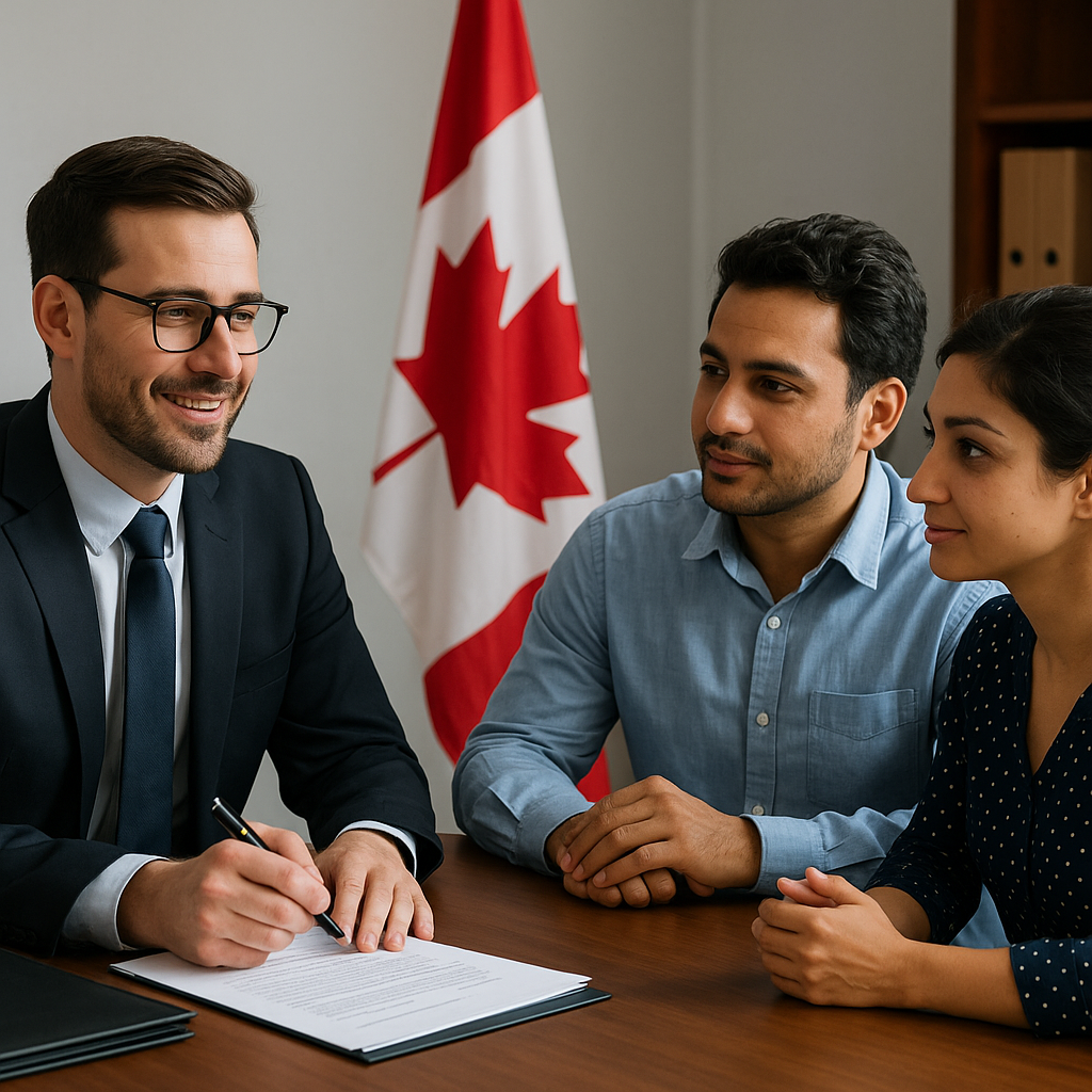 Lawyer consulting with immigrant family at a desk with Canadian flag in background