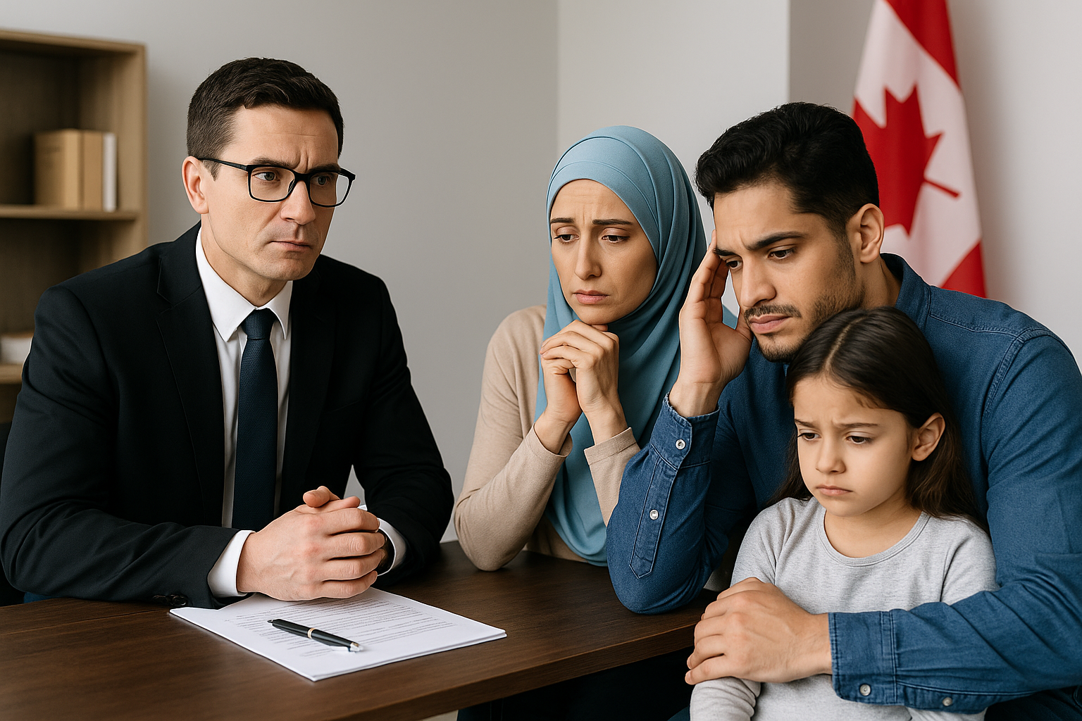Lawyer consulting with a worried immigrant family in an office, Canadian flag in the background