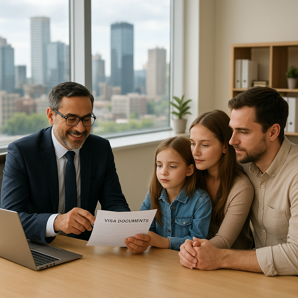 A professional immigration lawyer sitting with a family reviewing visa documents in a Calgary office.