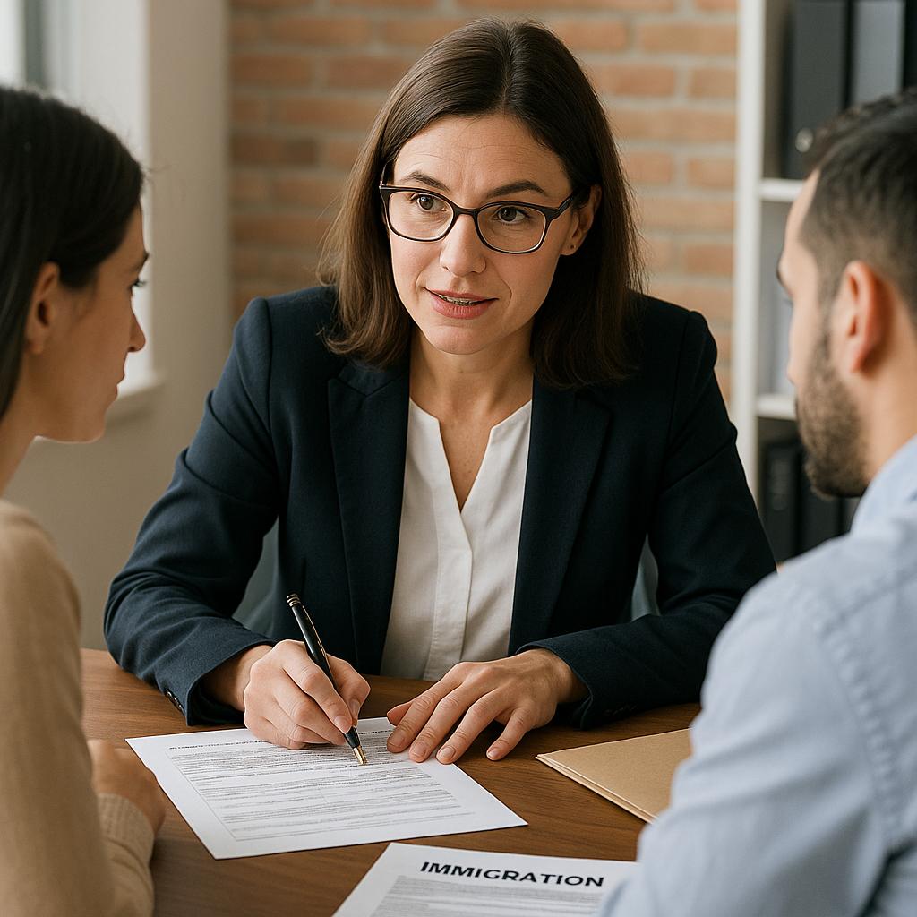 Immigration lawyer consulting with client over paperwork in office.